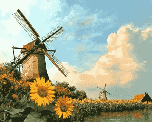 Sunflower and Dutch Windmill Landscape Diamond Painting