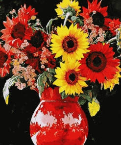 Sunflowers in Vibrant Red Vase Diamond Painting