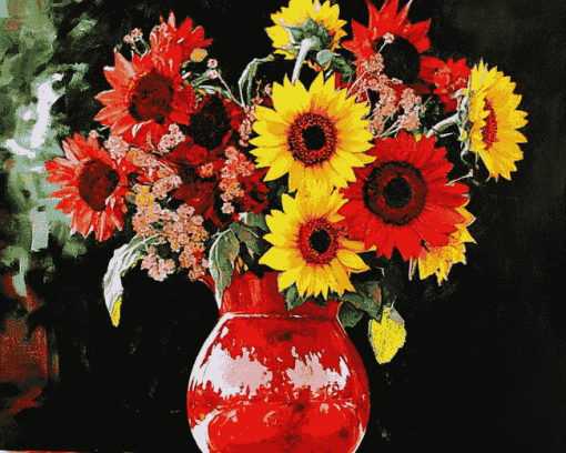 Sunflowers in Vibrant Red Vase Diamond Painting