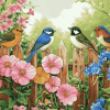 Vibrant Birds and Flowers on Fence Diamond Painting