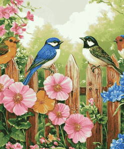 Vibrant Birds and Flowers on Fence Diamond Painting