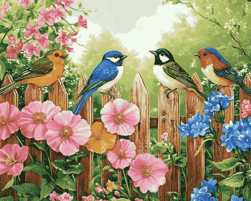 Vibrant Birds and Flowers on Fence Diamond Painting