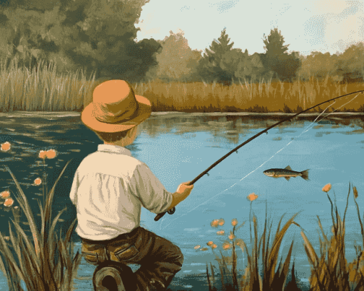 Vintage Little Boy Fishing Diamond Painting