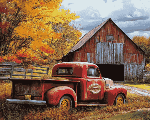 Vintage Red Truck Barn Diamond Painting