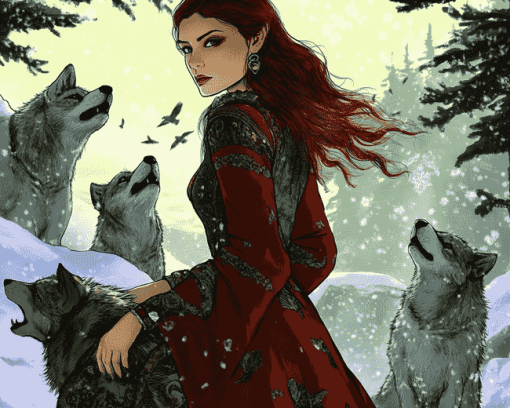 Woman and Wolves Animation Diamond Painting